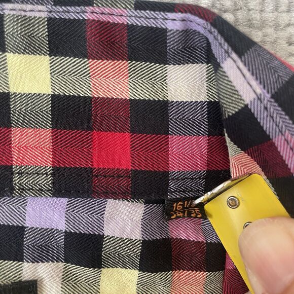 Steven Land Shirt Mens 16.5 34/35 Red Purple Yellow Black Checkered Plaid Modern - Picture 4 of 8